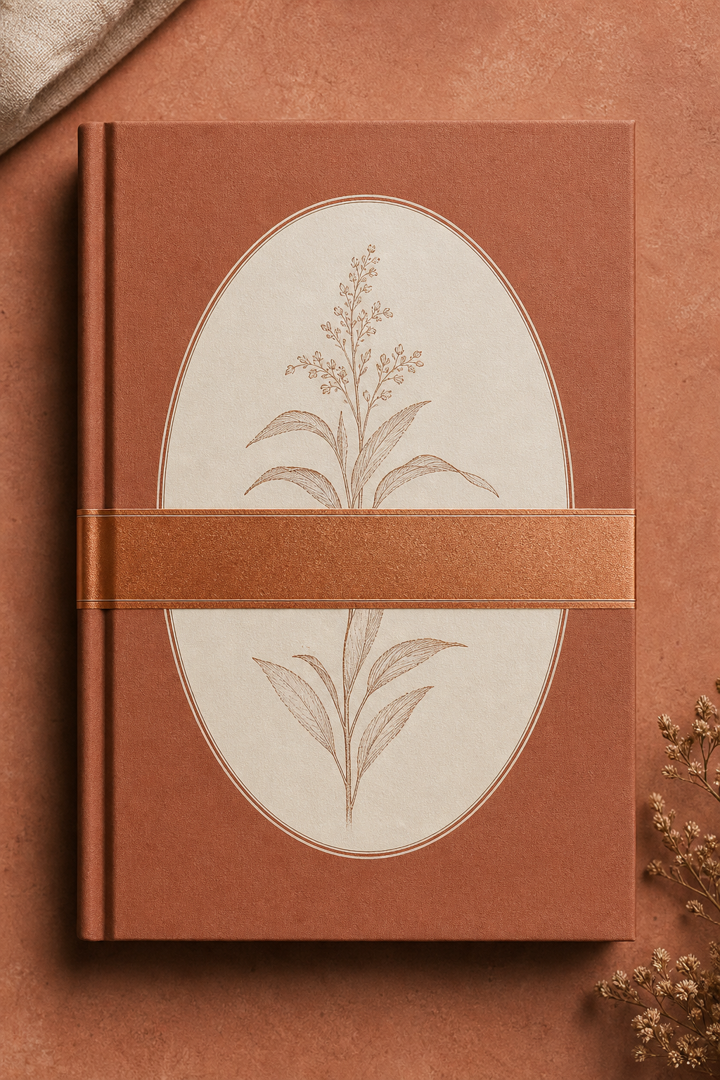 Elegant book cover with a warm clay background, a centered ivory oval vignette, and a subtle copper foiled title strip