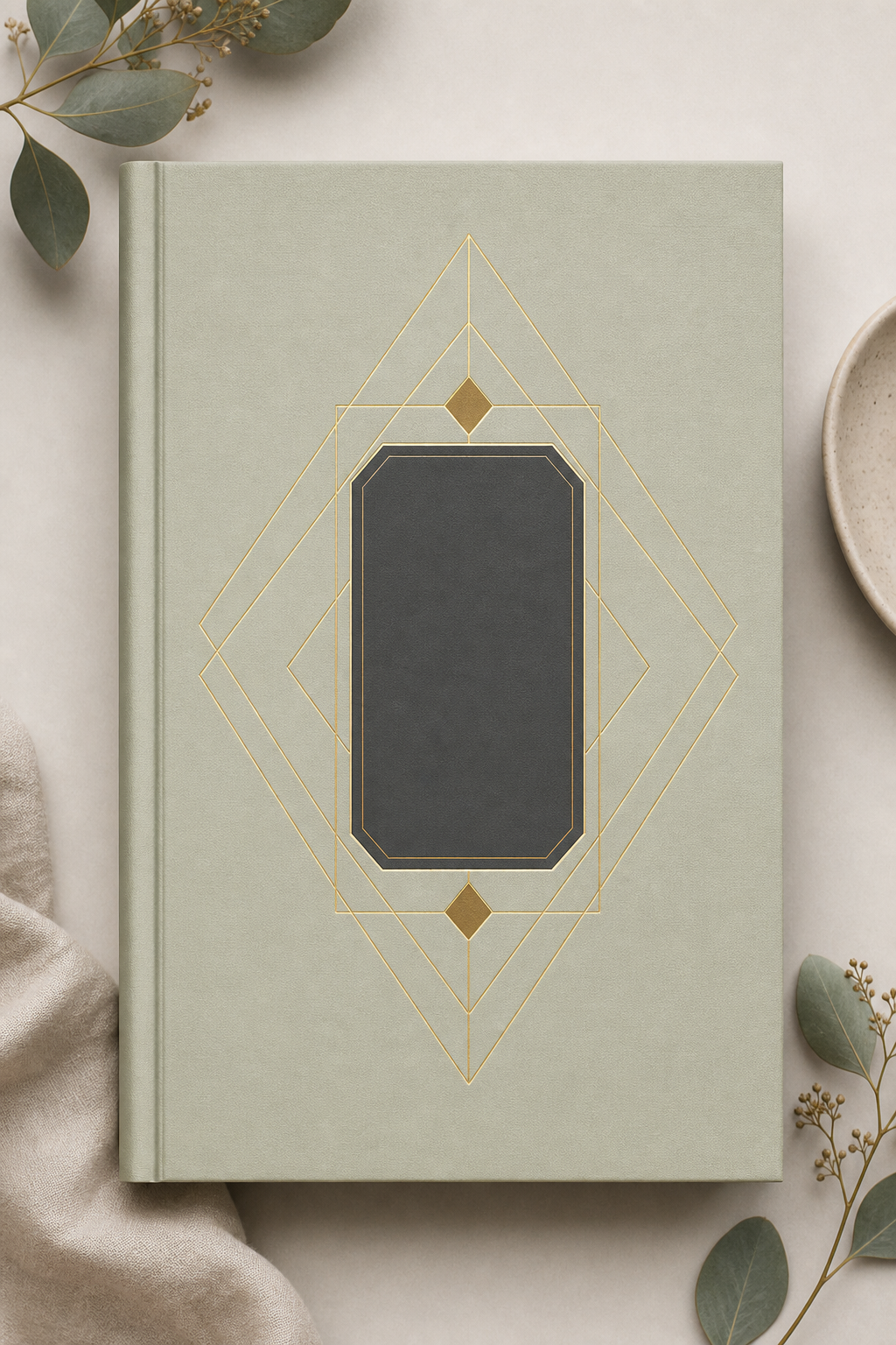 Modern book cover with a pale sage background, a gold geometric line motif, and a muted charcoal title panel