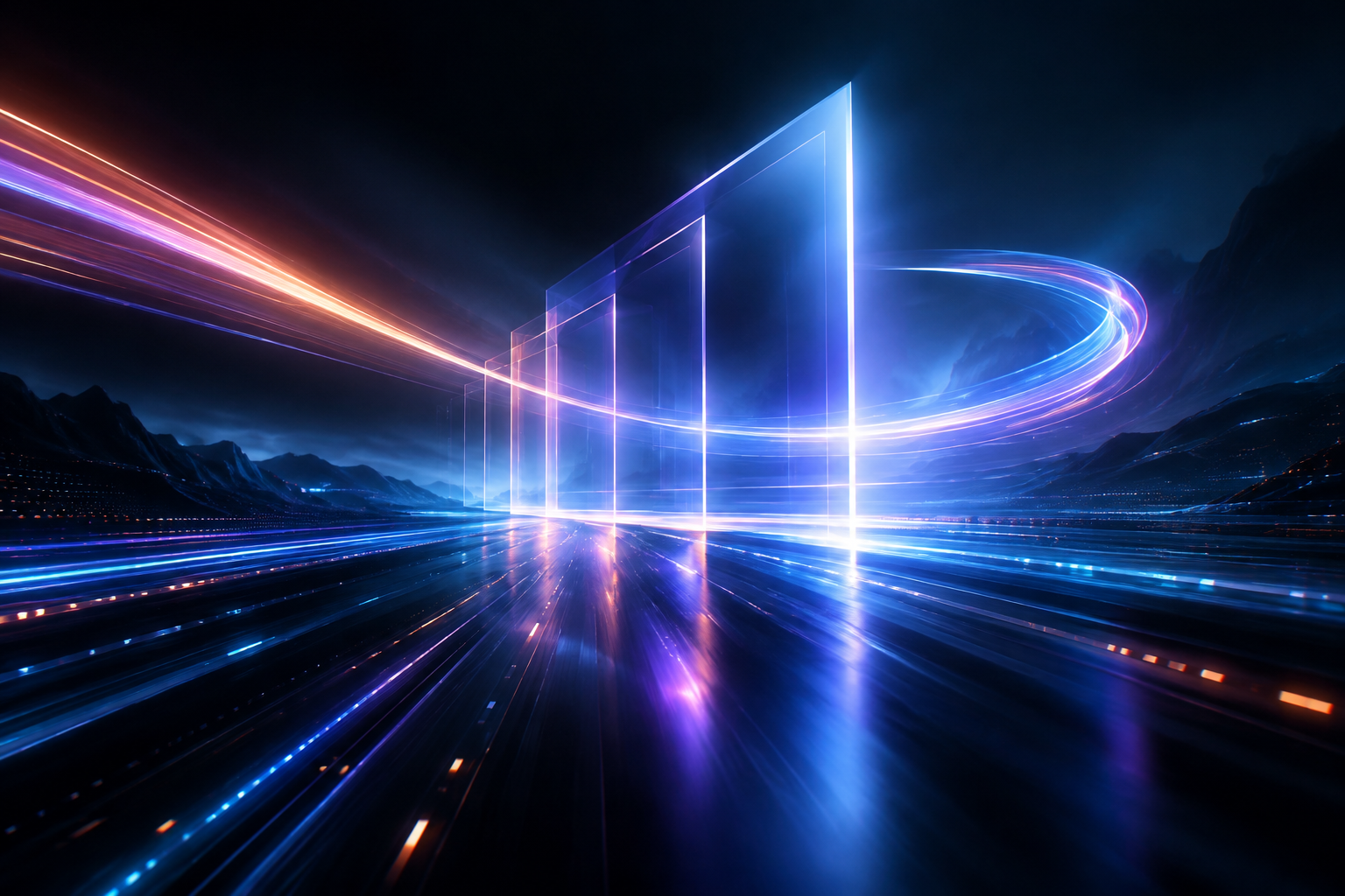 Abstract high-tech scene with luminous geometric light structures, motion trails, and interface-like energy fields in a dark cinematic environment