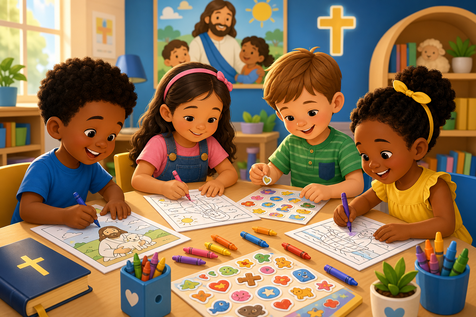 Children smiling while working on Bible activity pages with crayons and stickers