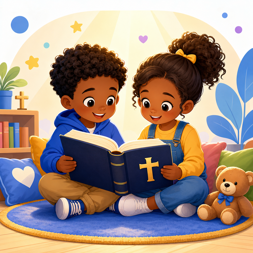 Illustration of two children reading an open Bible together with warm, joyful expressions