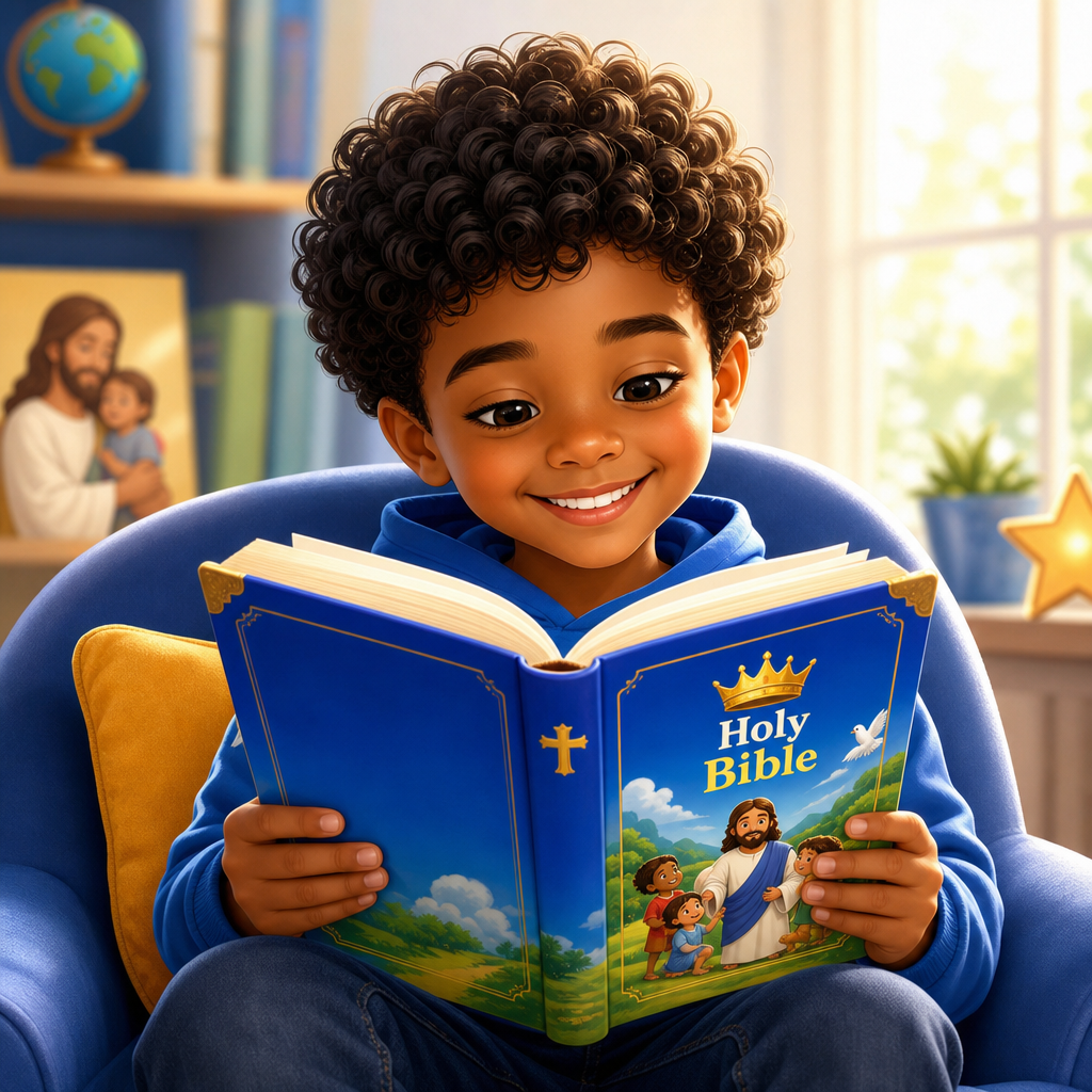 smiling young child with curly hair reading a colorful children’s Bible