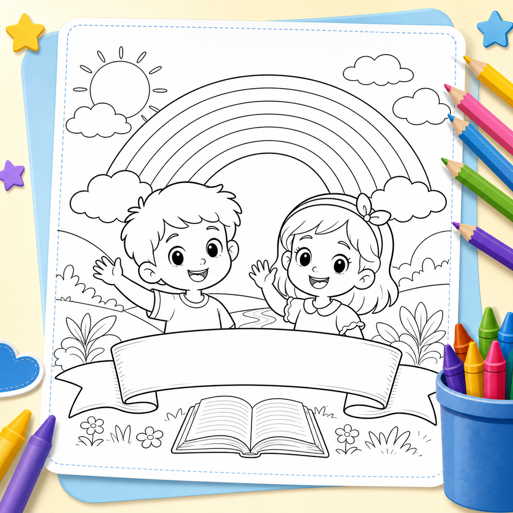 Coloring page with a rainbow, children, and a verse banner ready to be colored
