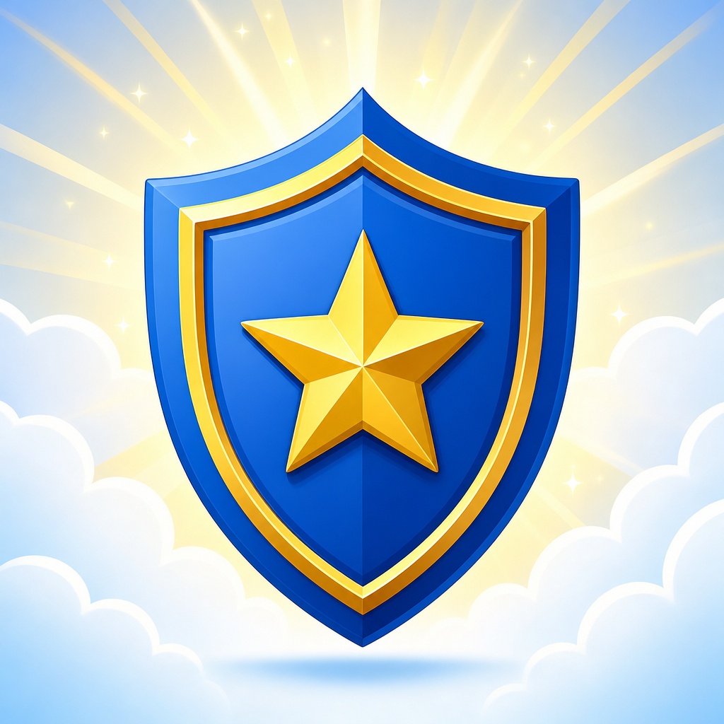 Blue shield with a gold star and rays of light behind it