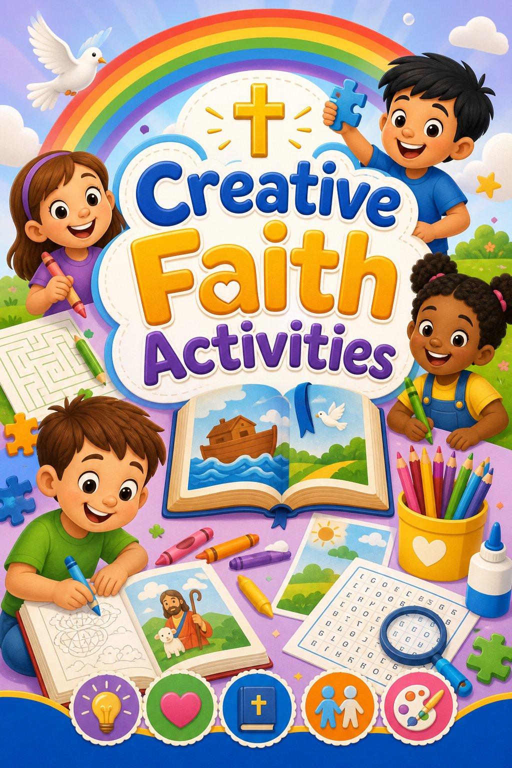 Colorful children's activity book cover with playful puzzles, crayons, and a rainbow arc, bright and joyful illustration