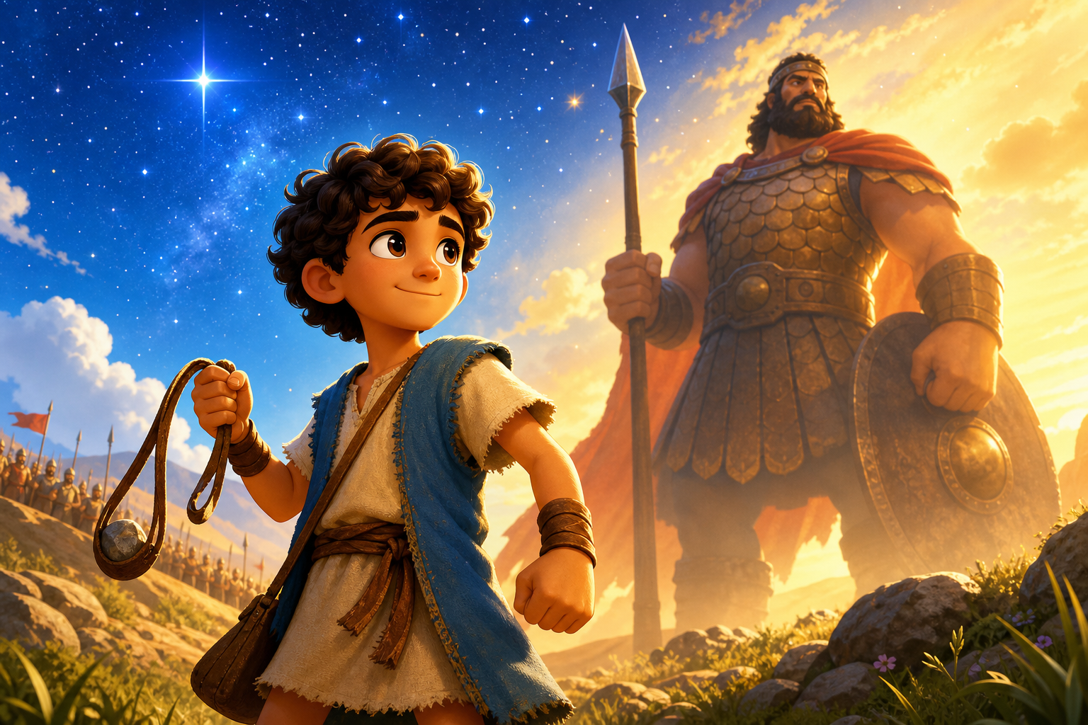 Courage-themed David and Goliath video thumbnail with sling and stars