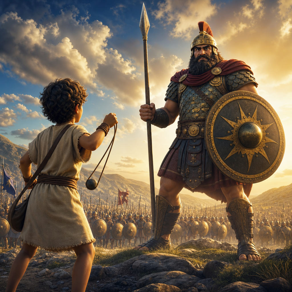 Courage-themed David and Goliath video thumbnail with sling and stars