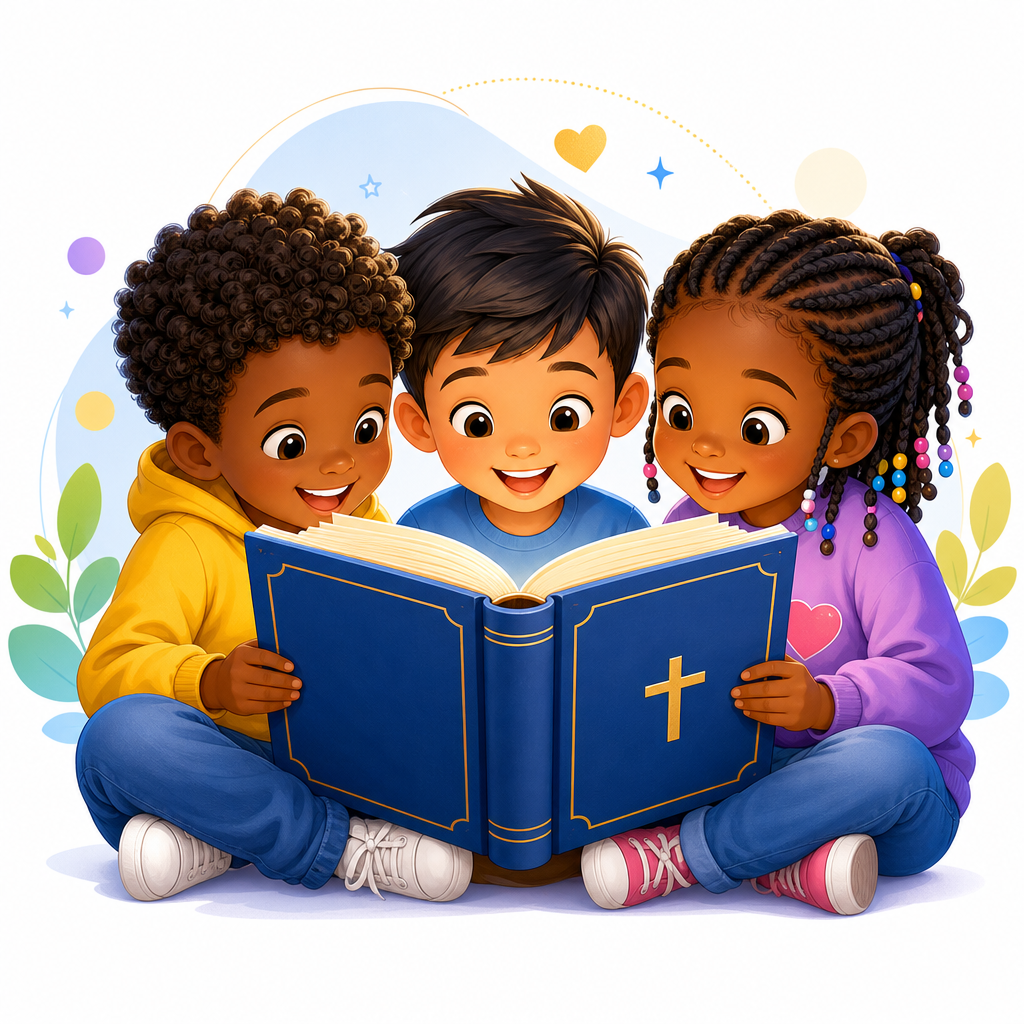 Bright illustration of three diverse children reading a large blue Bible with golden accents and joyful expressions