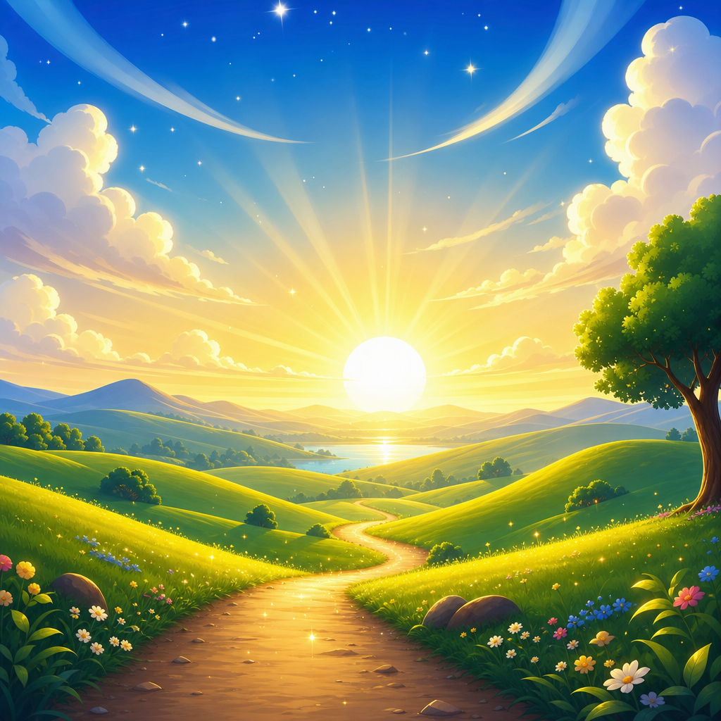 Sunrise over rolling hills with a small pathway and sparkling light
