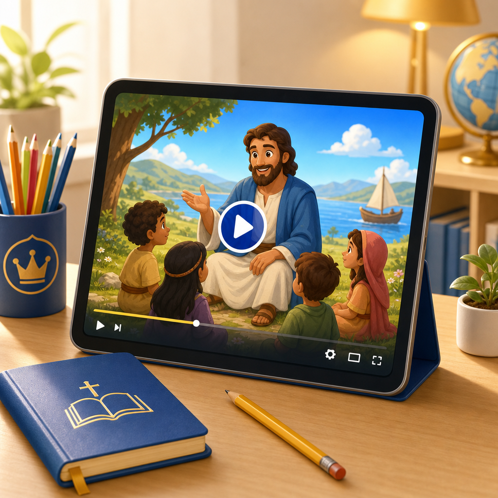 Tablet showing a colorful children’s Bible lesson video with a play button and gentle lighting