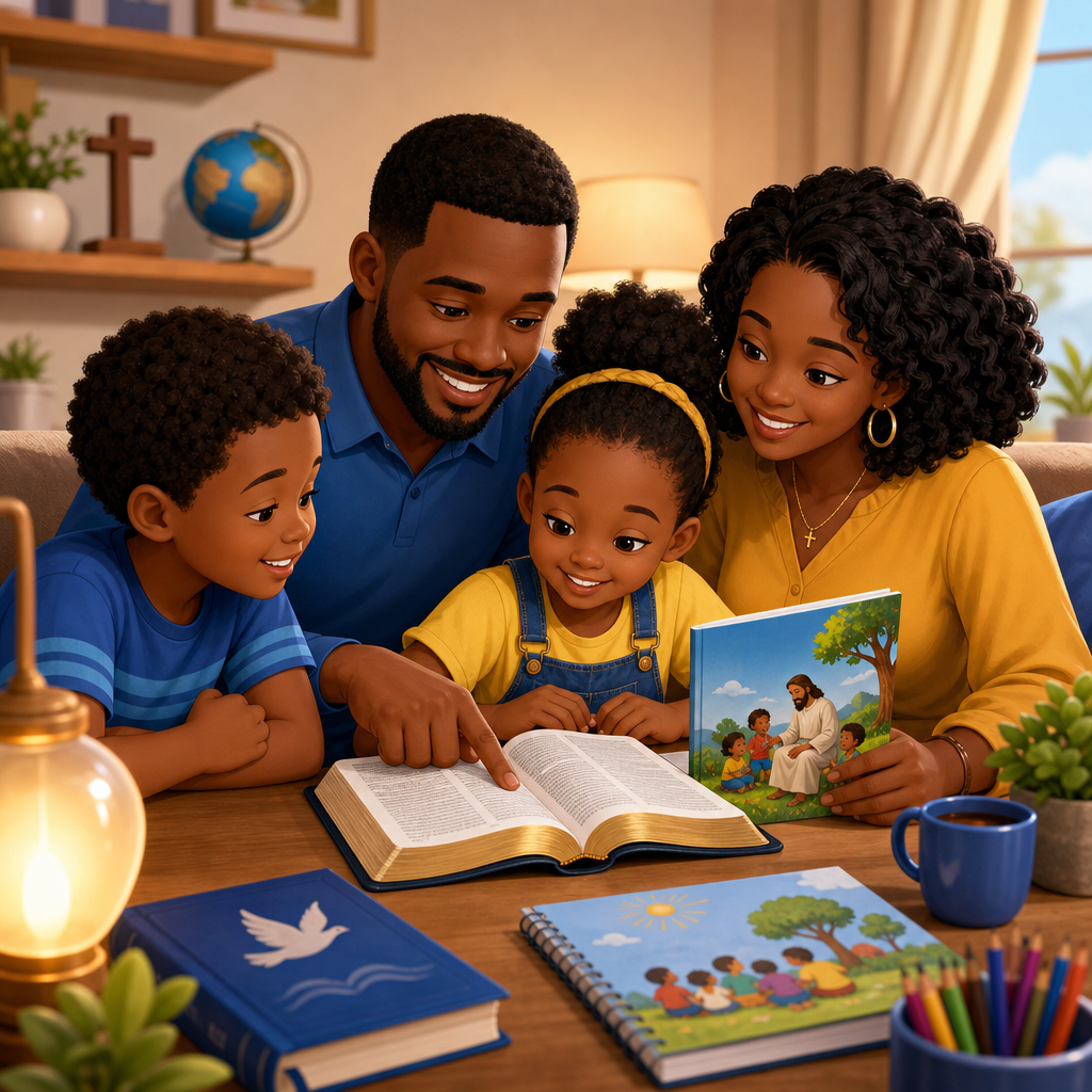 Family gathered around a Bible with devotion guide and warm lighting