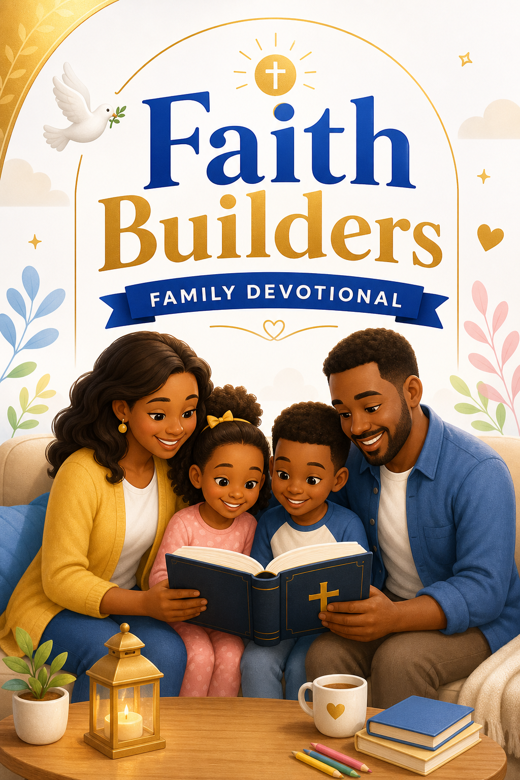 Children's devotional book cover in soft gold and white with a family reading the Bible together, rounded illustration style