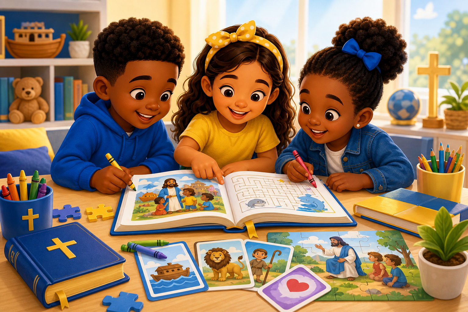 Smiling children studying a colorful Bible activity book with crayons and scripture cards