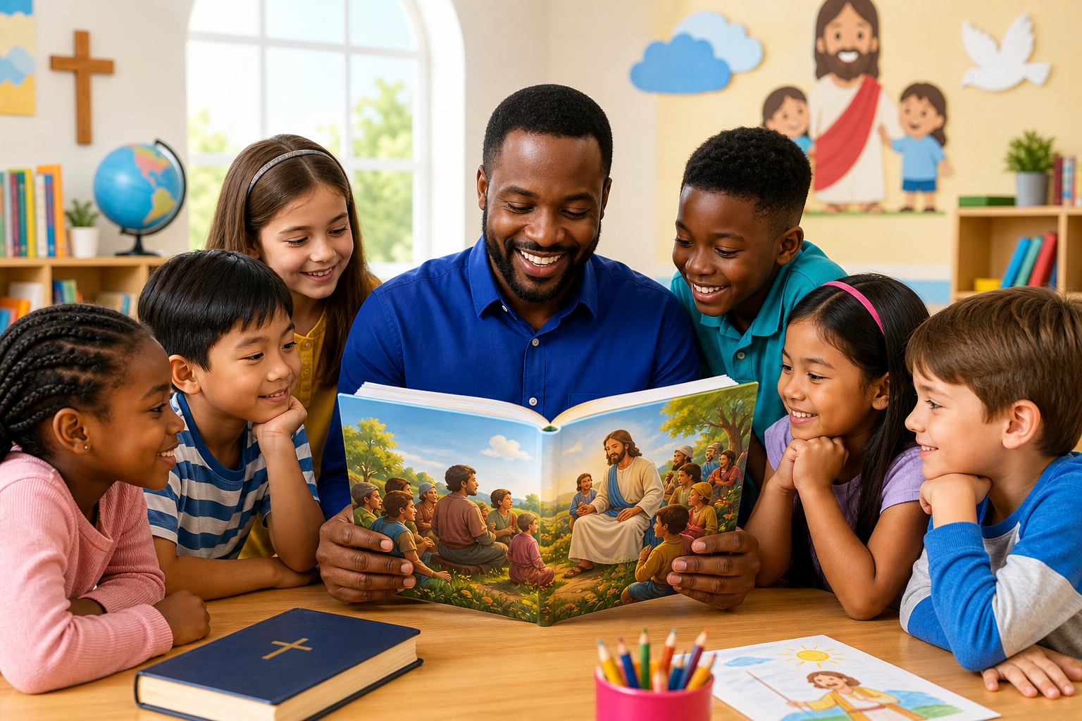 Children gathered around a teacher reading a colorful Bible storybook with bright illustrations