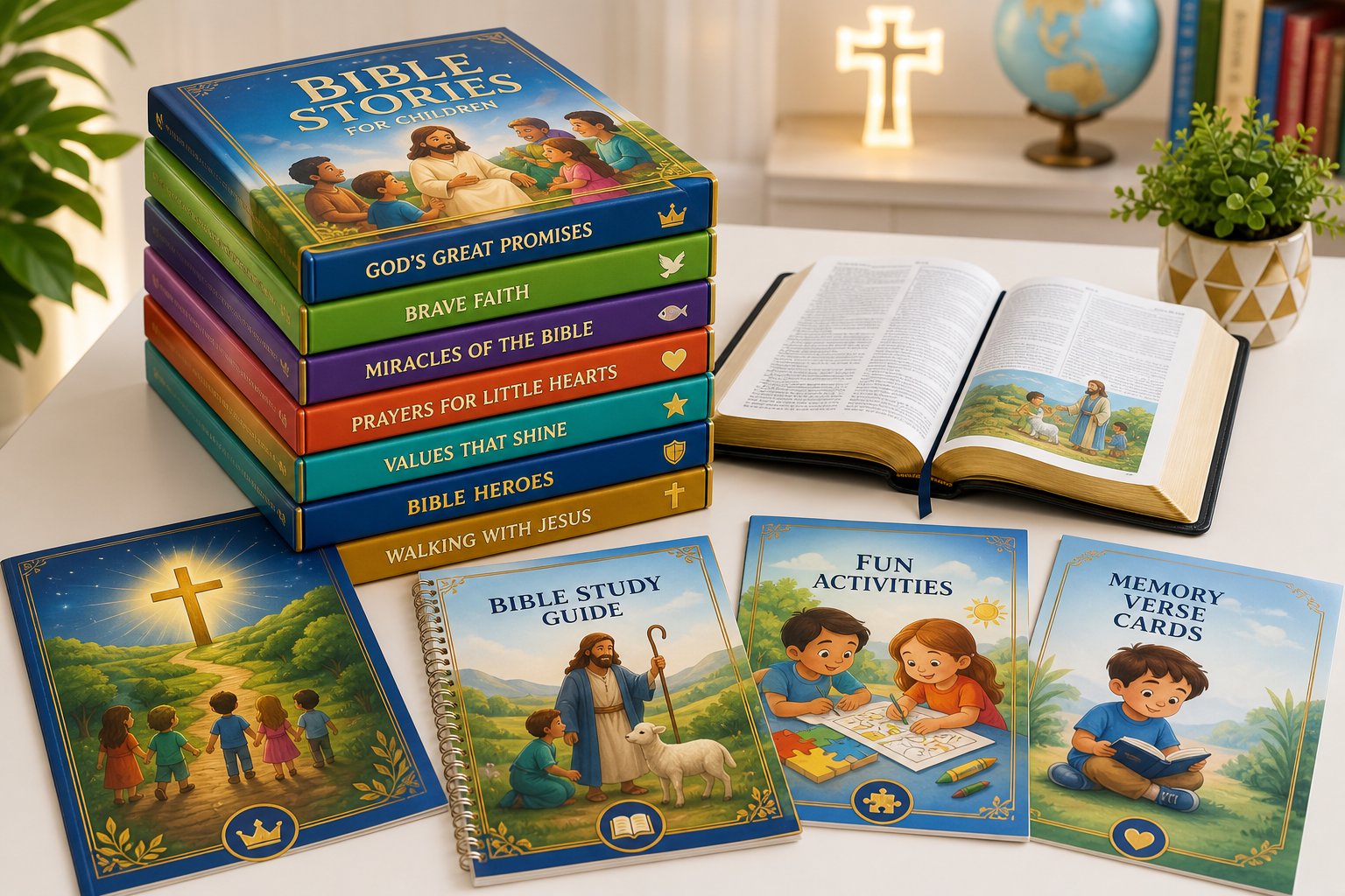 Stack of colorful Christian children’s books with a Bible and illustrated study guides