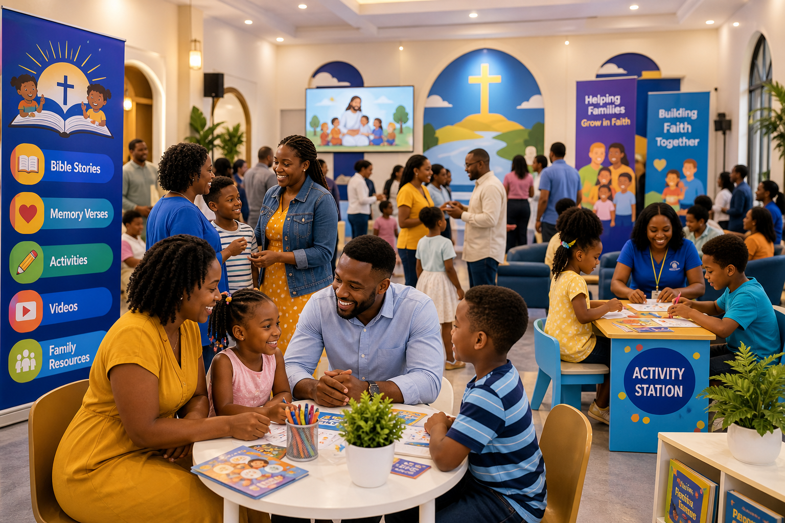 Families gathered in a bright church hall for a ministry event with banners and learning stations