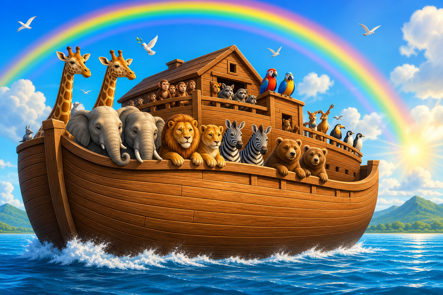 Vibrant Bible illustration of Noah’s Ark with animals and a bright rainbow