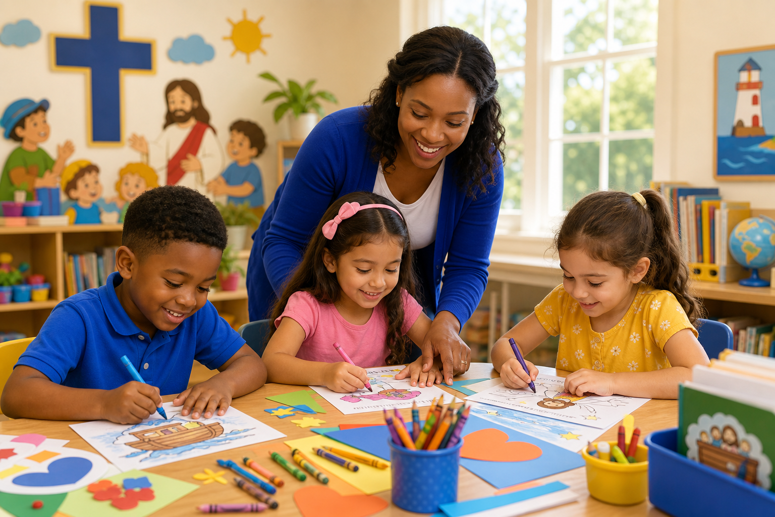 Children working on colorful worksheets and crafts at a learning table with a teacher nearby