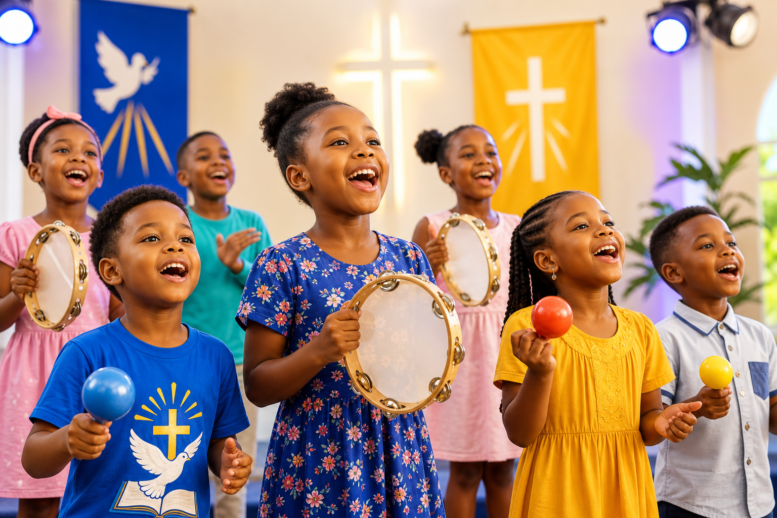 Kids singing with joyful expressions and colorful instruments during a worship activity