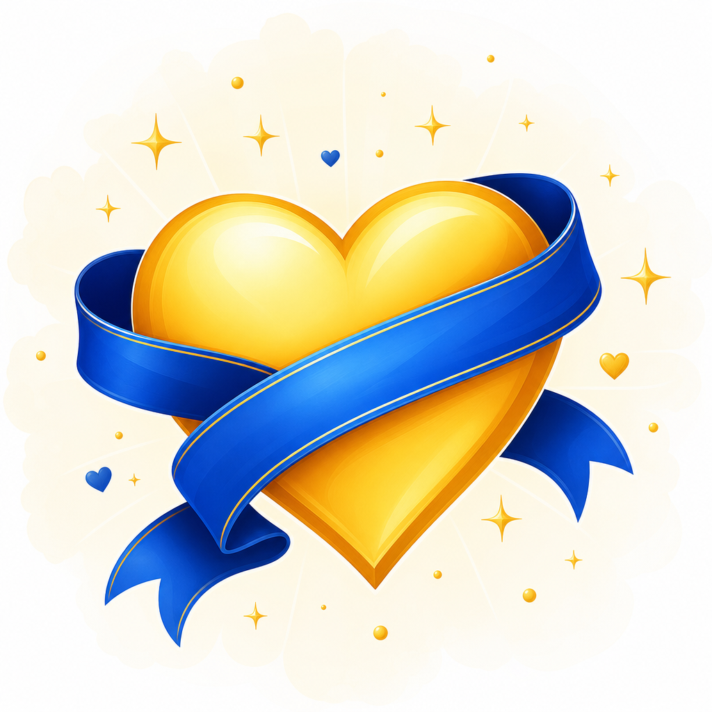 Bright illustration of a golden heart wrapped in a royal blue ribbon with tiny sparkles