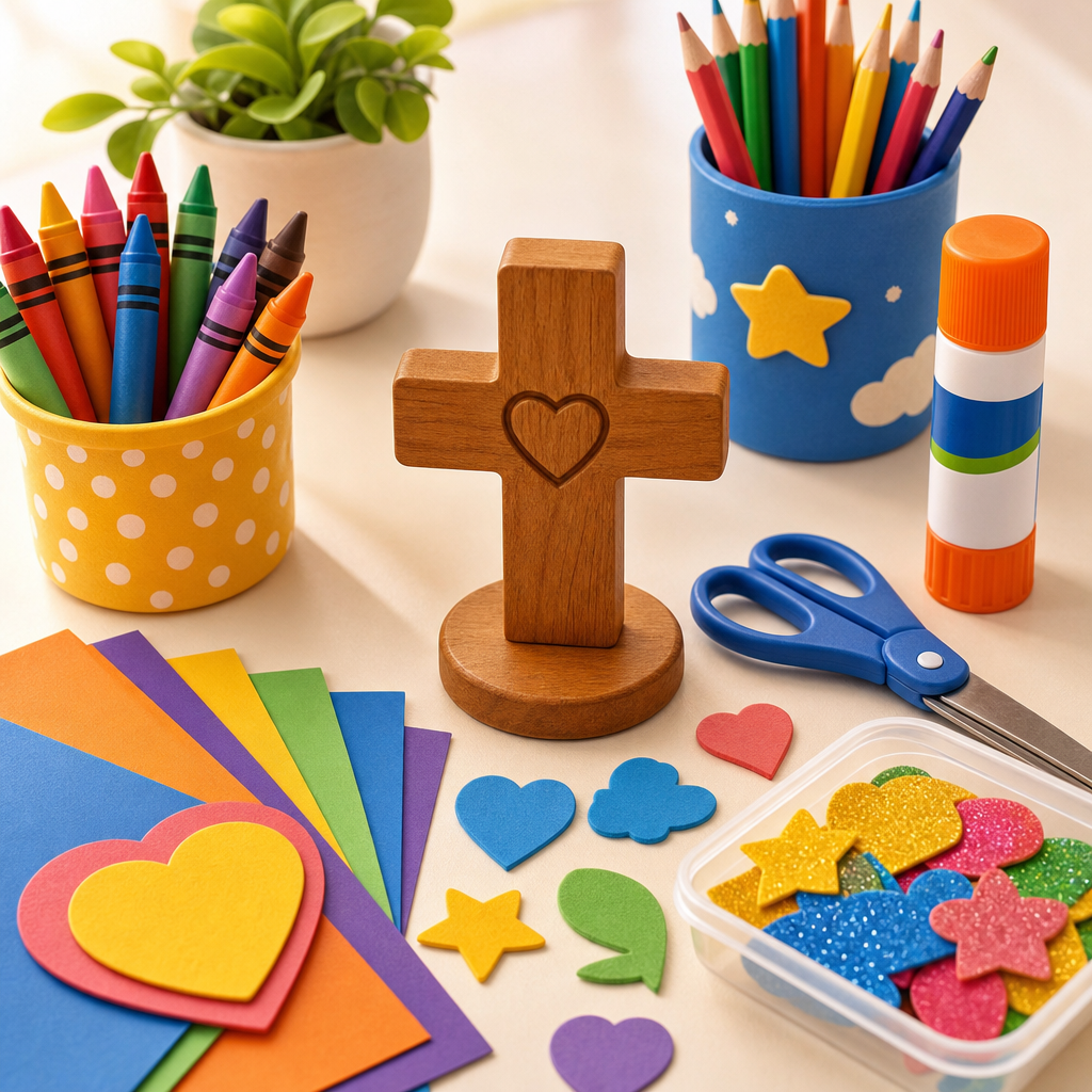 Bright craft supplies with crayons, paper shapes, and a small wooden cross for children’s activities
