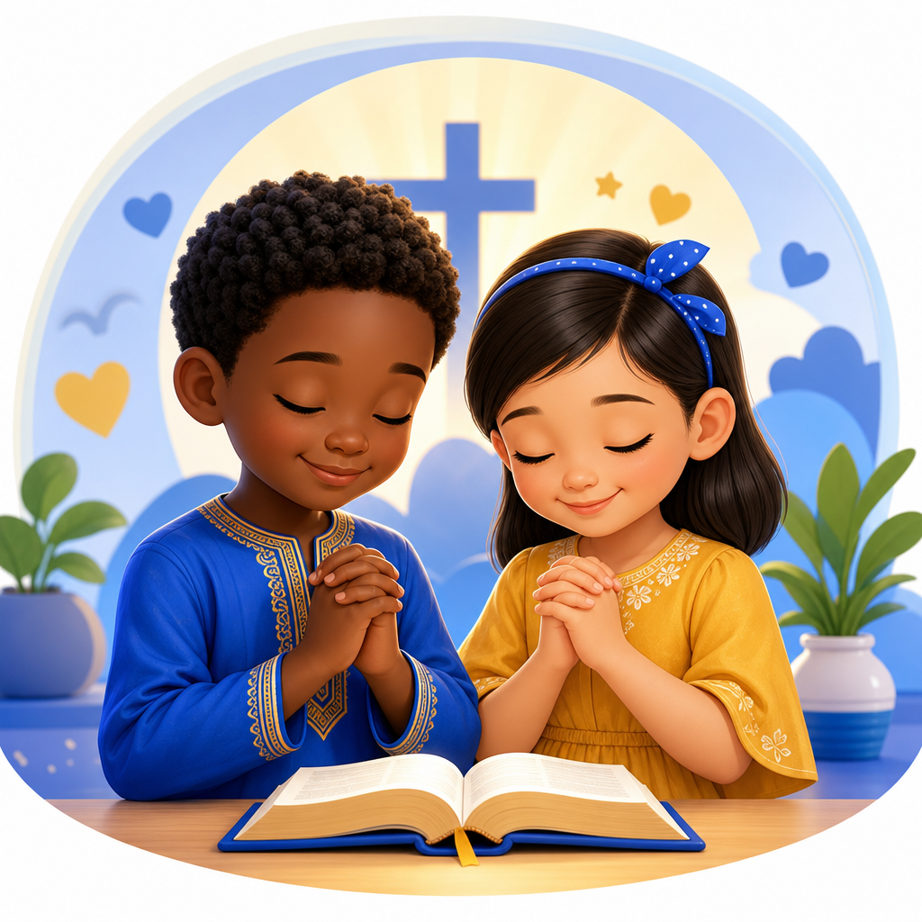 Two diverse children praying together with warm joyful expressions