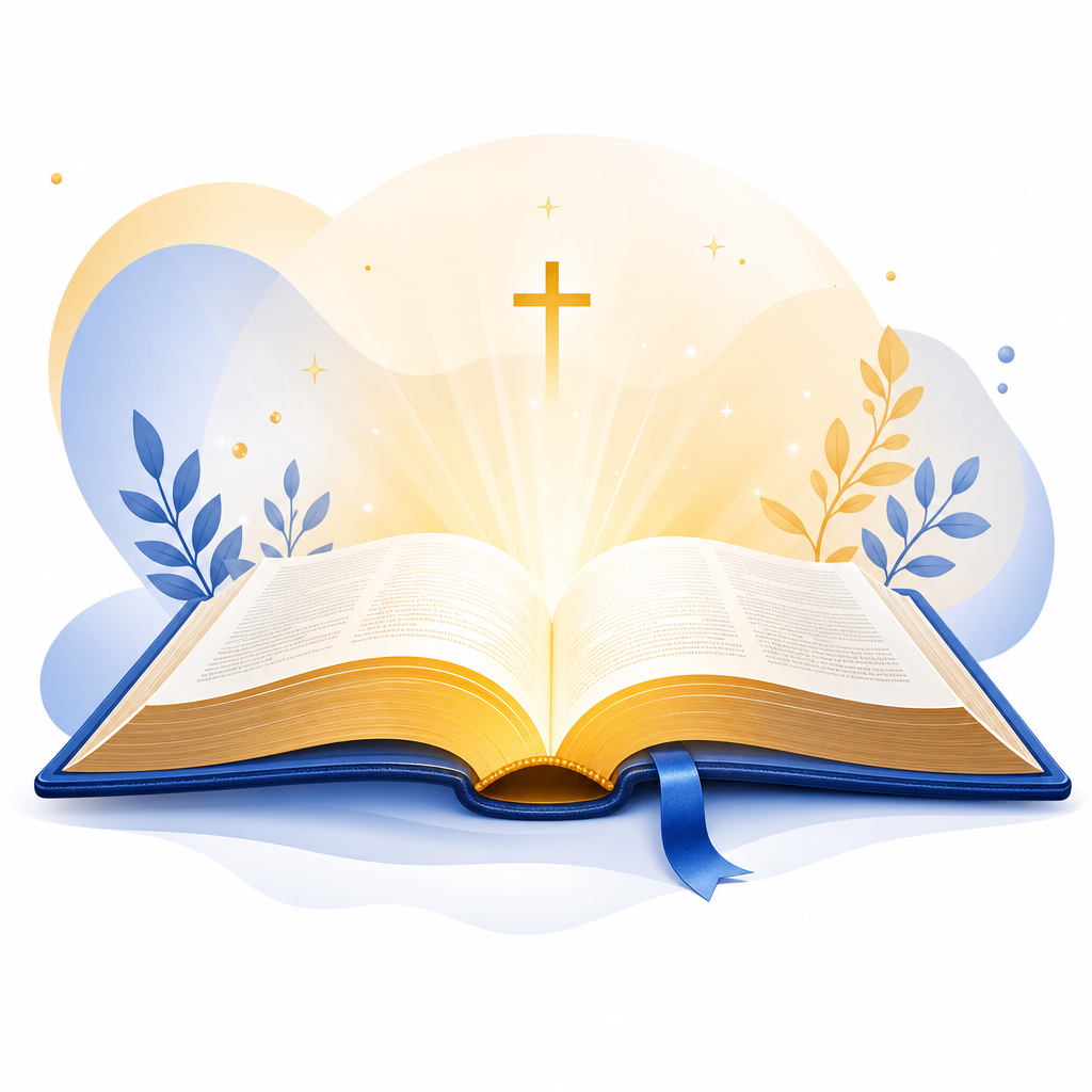 Open Bible with gentle golden light and soft blue accents