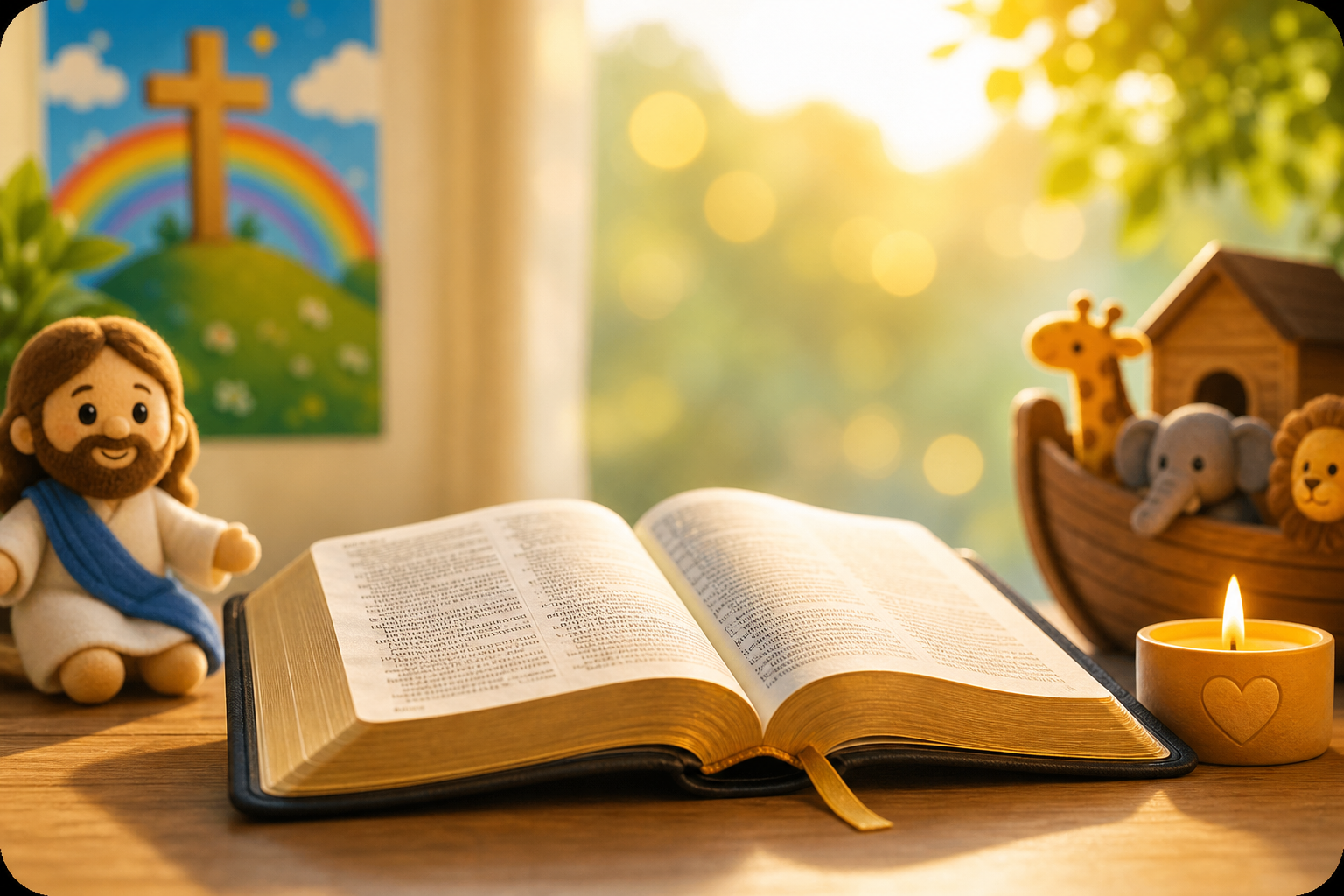 Children's devotional video thumbnail with open Bible and warm light
