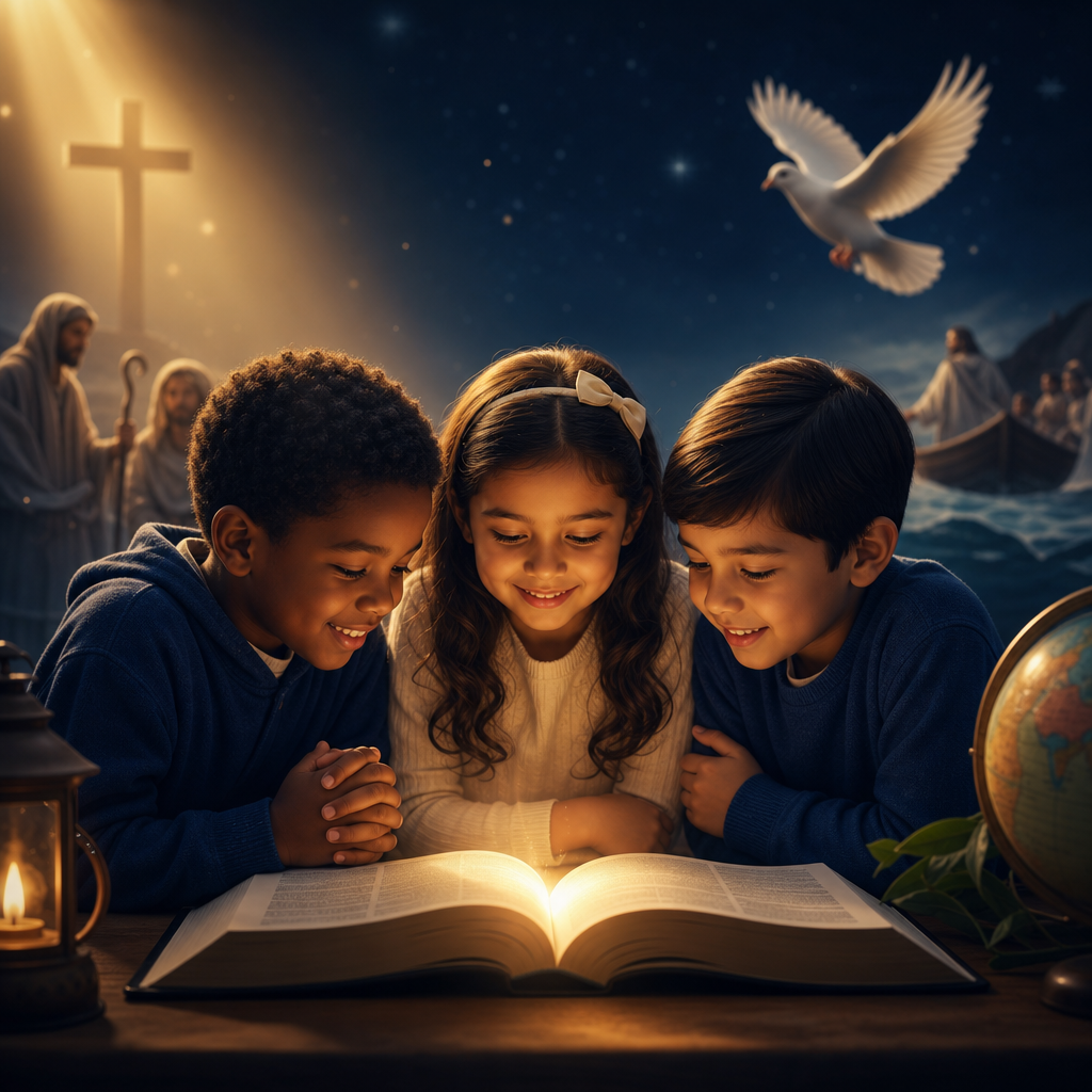 Children's devotional video thumbnail with open Bible and warm light