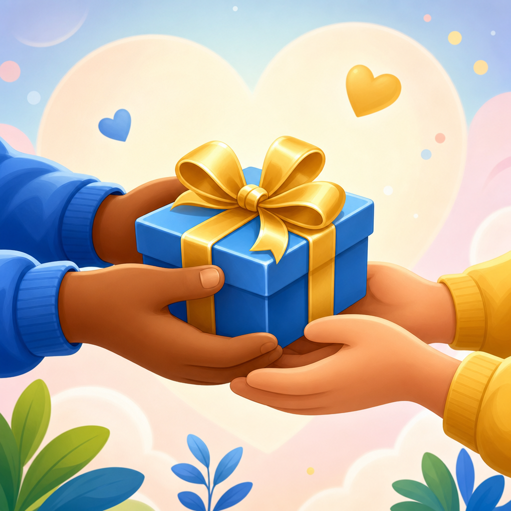 Two friendly hands sharing a small gift box with a gold ribbon