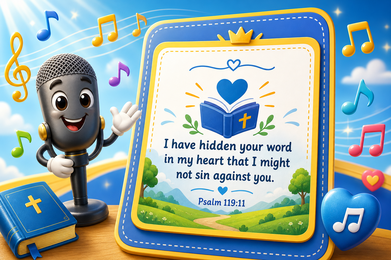 Colorful memory verse song video thumbnail with musical notes