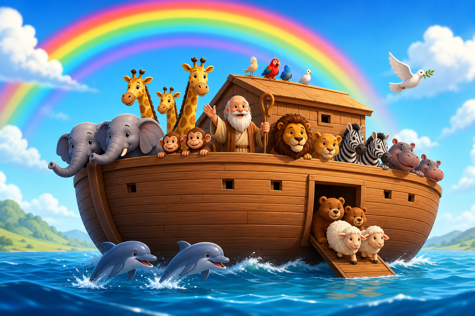 Animated Noah's Ark video thumbnail with rainbow and animals