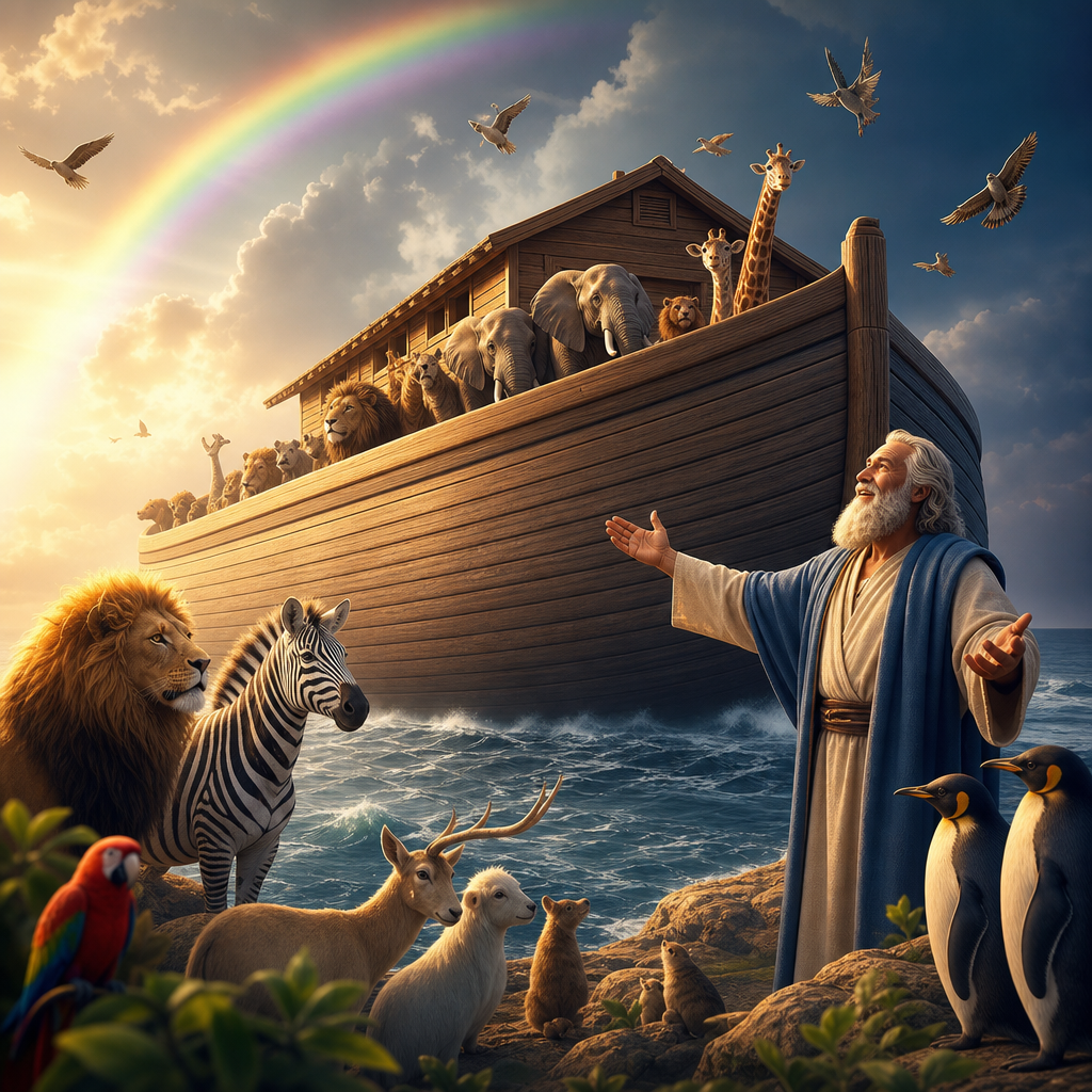 Animated Noah's Ark video thumbnail with rainbow and animals
