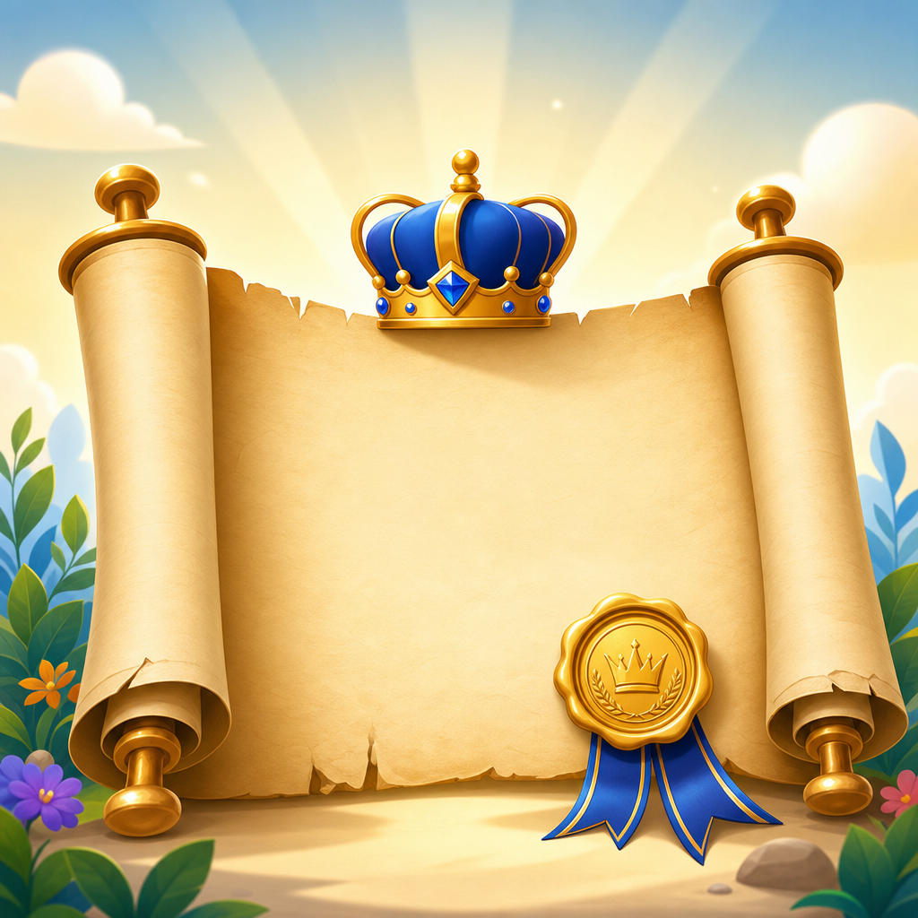Open scroll with a gold seal and a small blue crown resting on top