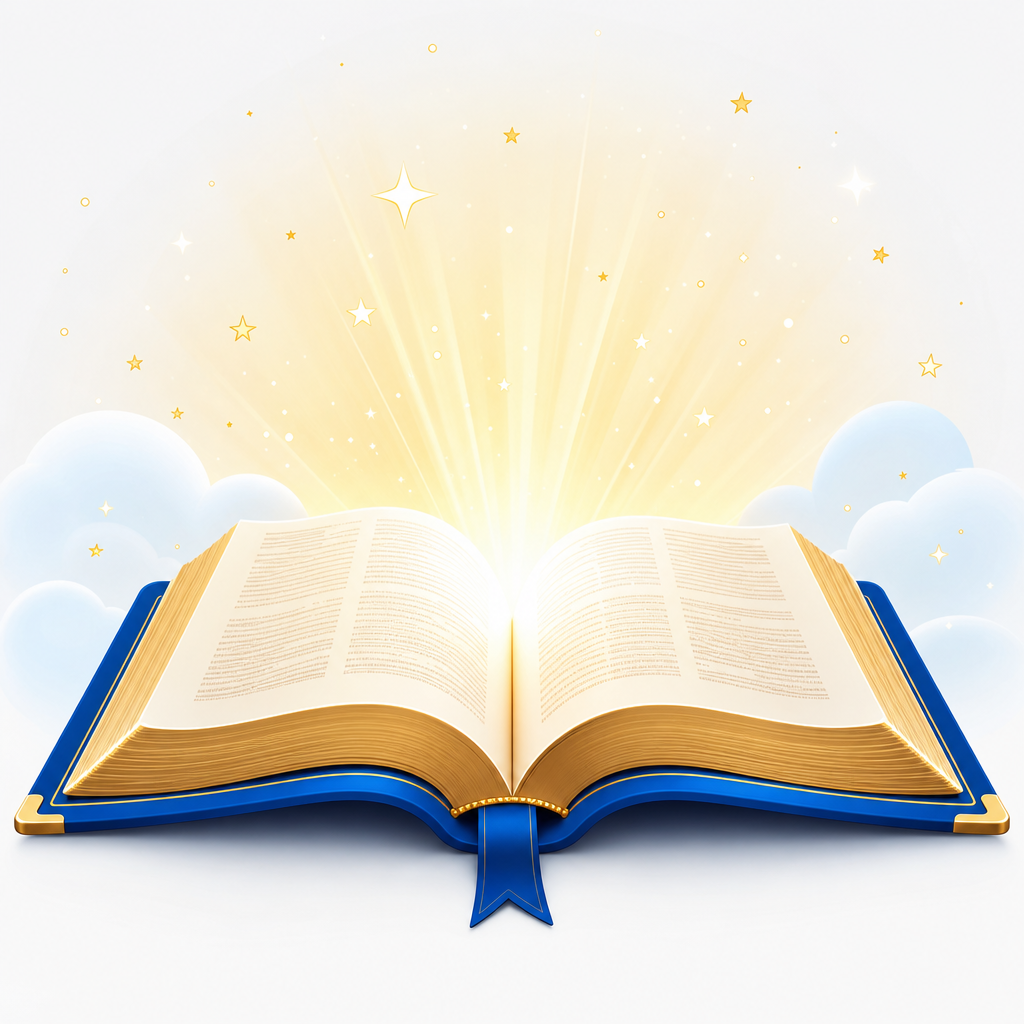 bright open Bible illustration with glowing light and soft stars