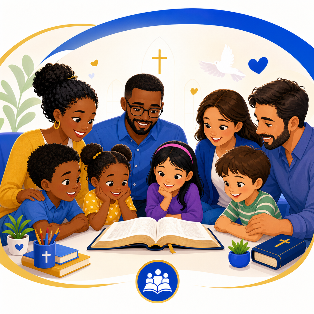 A warm illustration of diverse parents and teachers reading the Bible with children