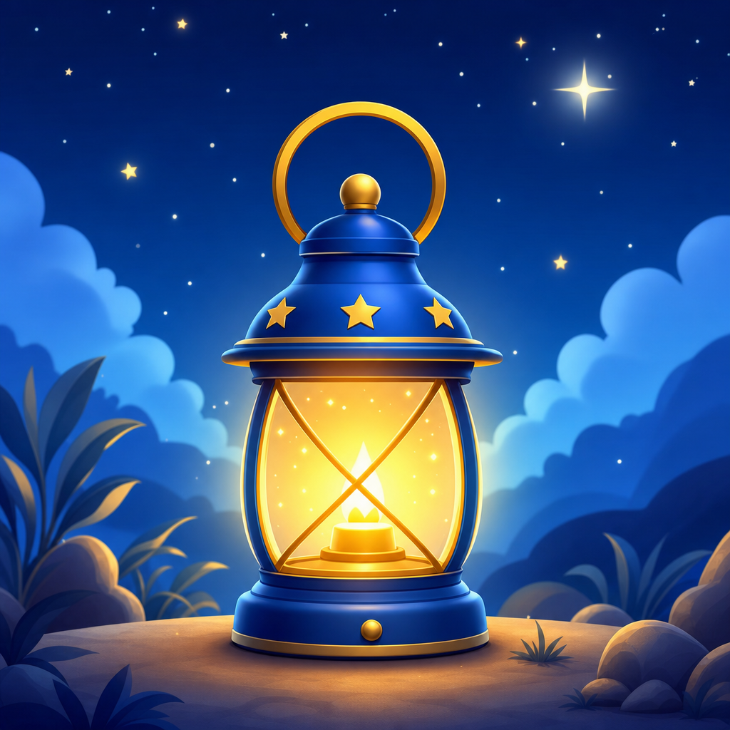 Glowing lantern on a night sky with gentle stars in blue and gold tones