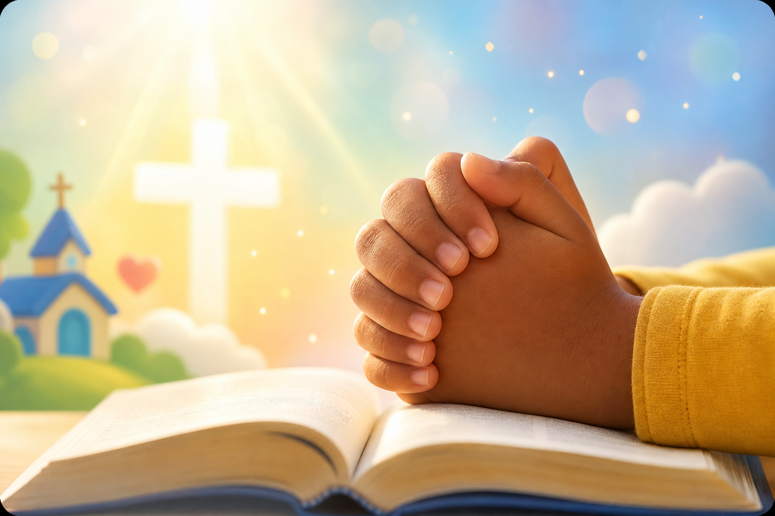 Kids prayer session video thumbnail with hands and soft glowing light