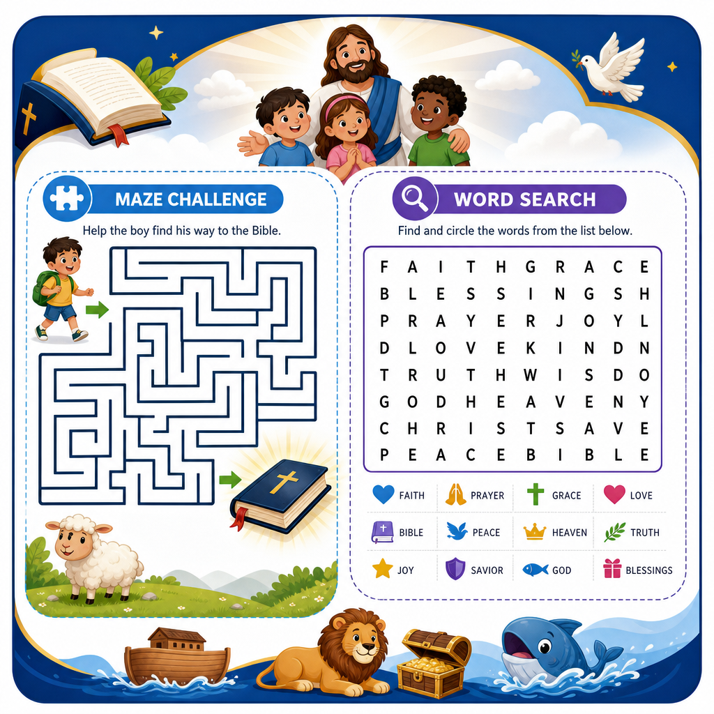 Bible puzzle activity sheet with maze and word search elements