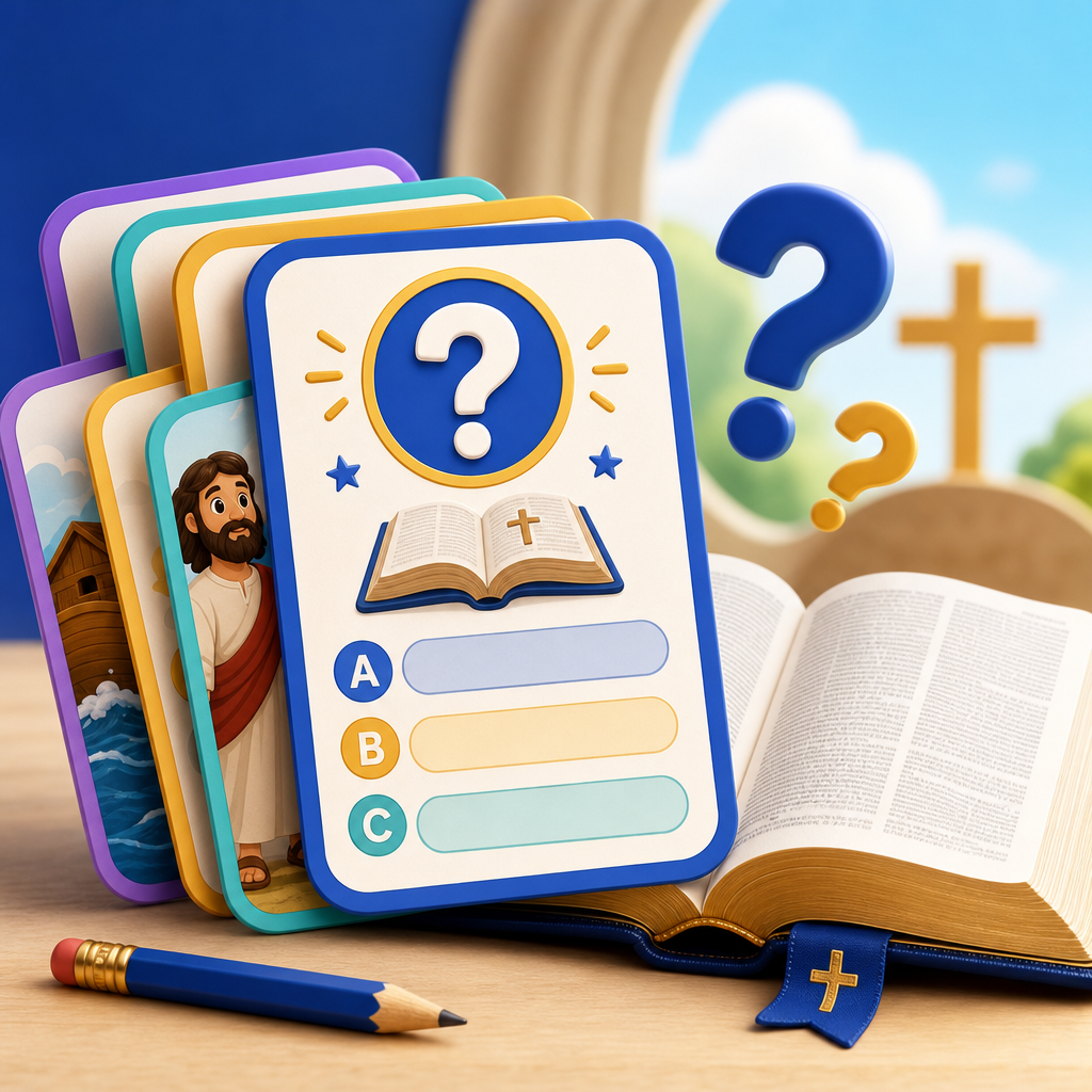 Bright illustrated Bible quiz cards with question marks and open Bible
