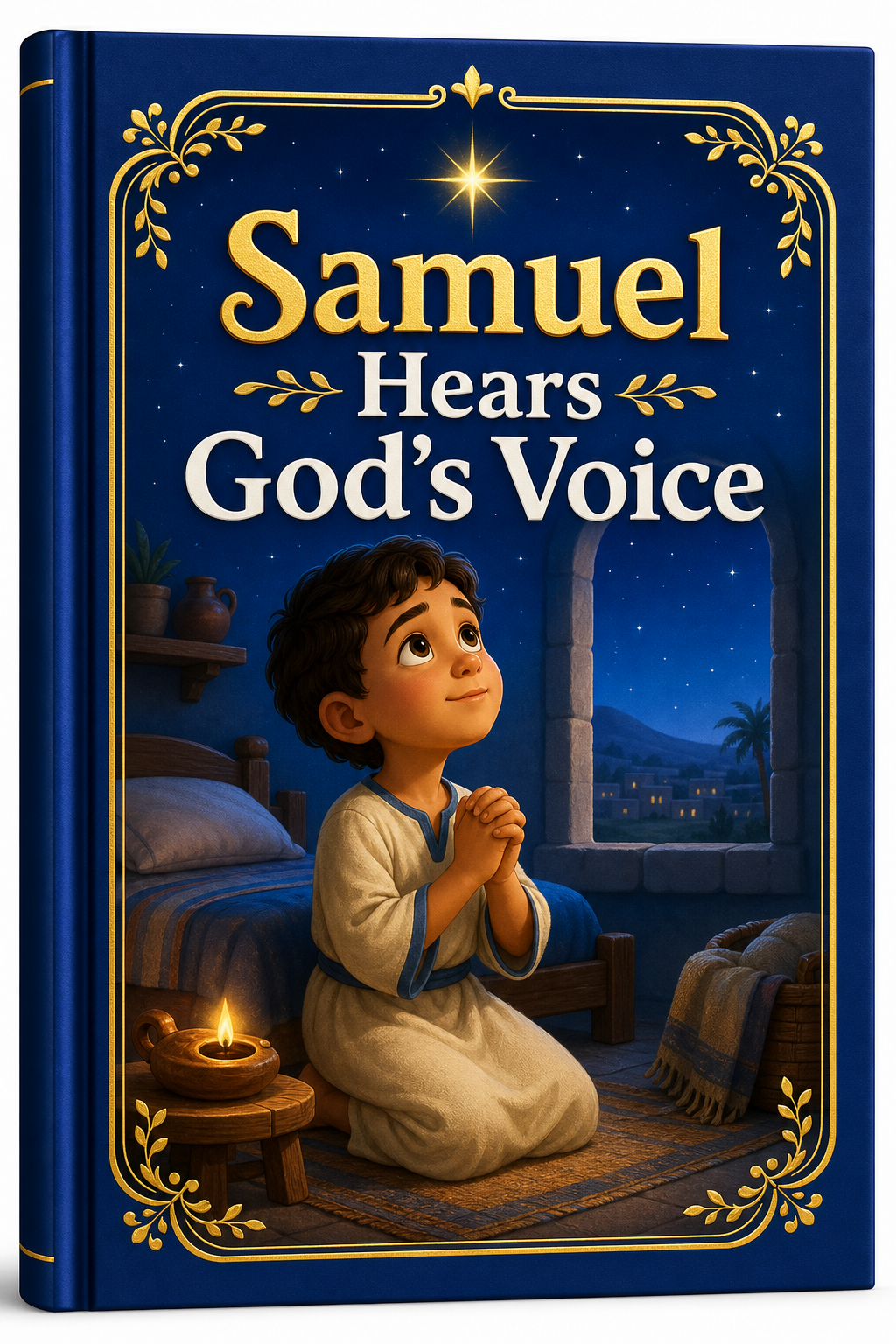 Illustrated hardcover Bible story book featuring a blue cover with a young Samuel listening to God, gold accents, and a warm night sky