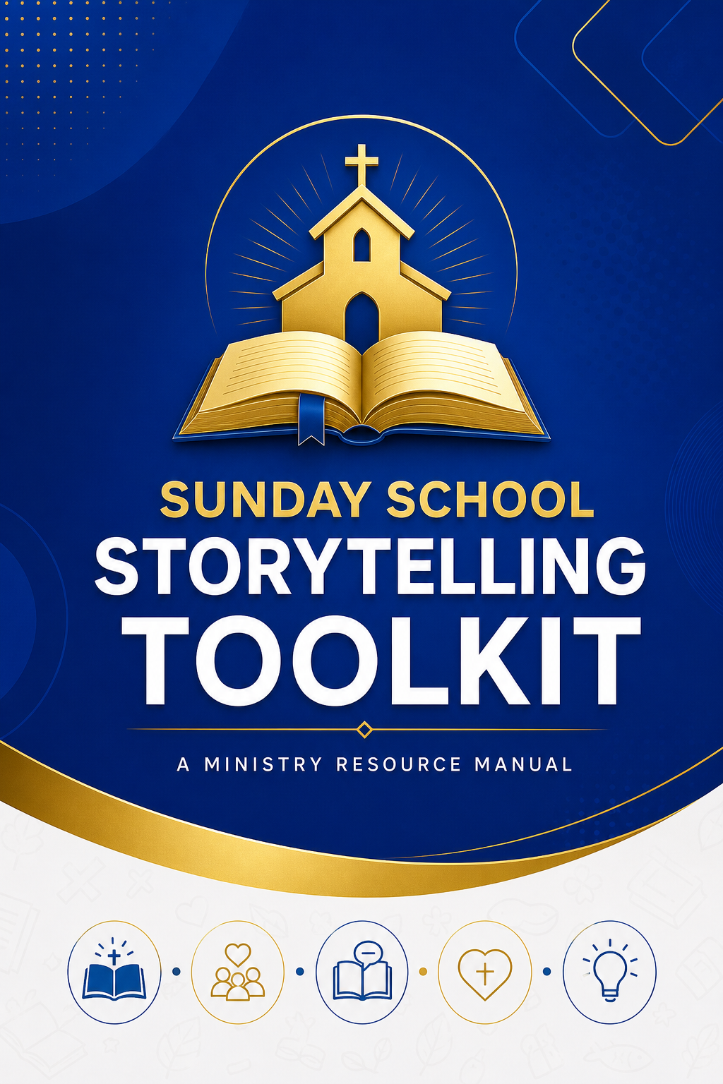 Ministry resource manual cover with royal blue background, gold icon of a church and book, modern clean typography