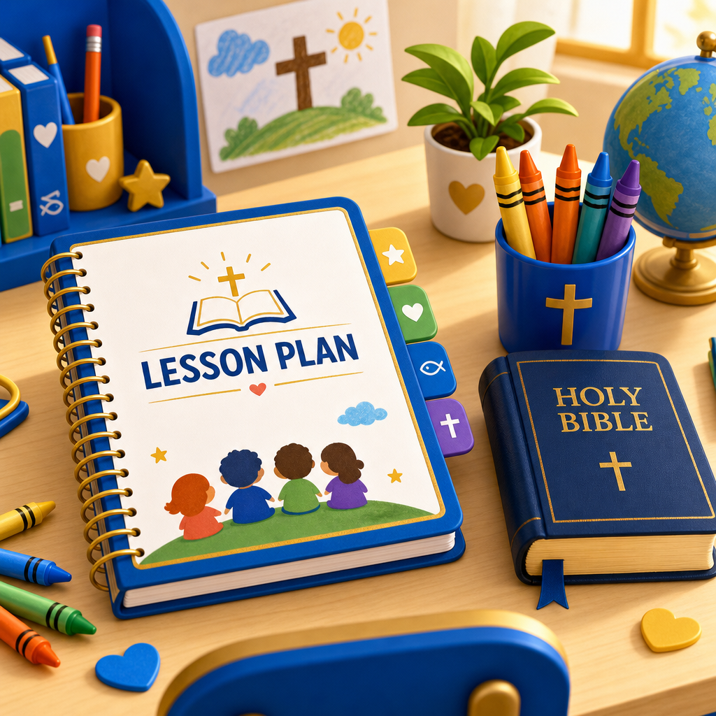 An illustration of a lesson plan book, crayons, and a small Bible on a desk