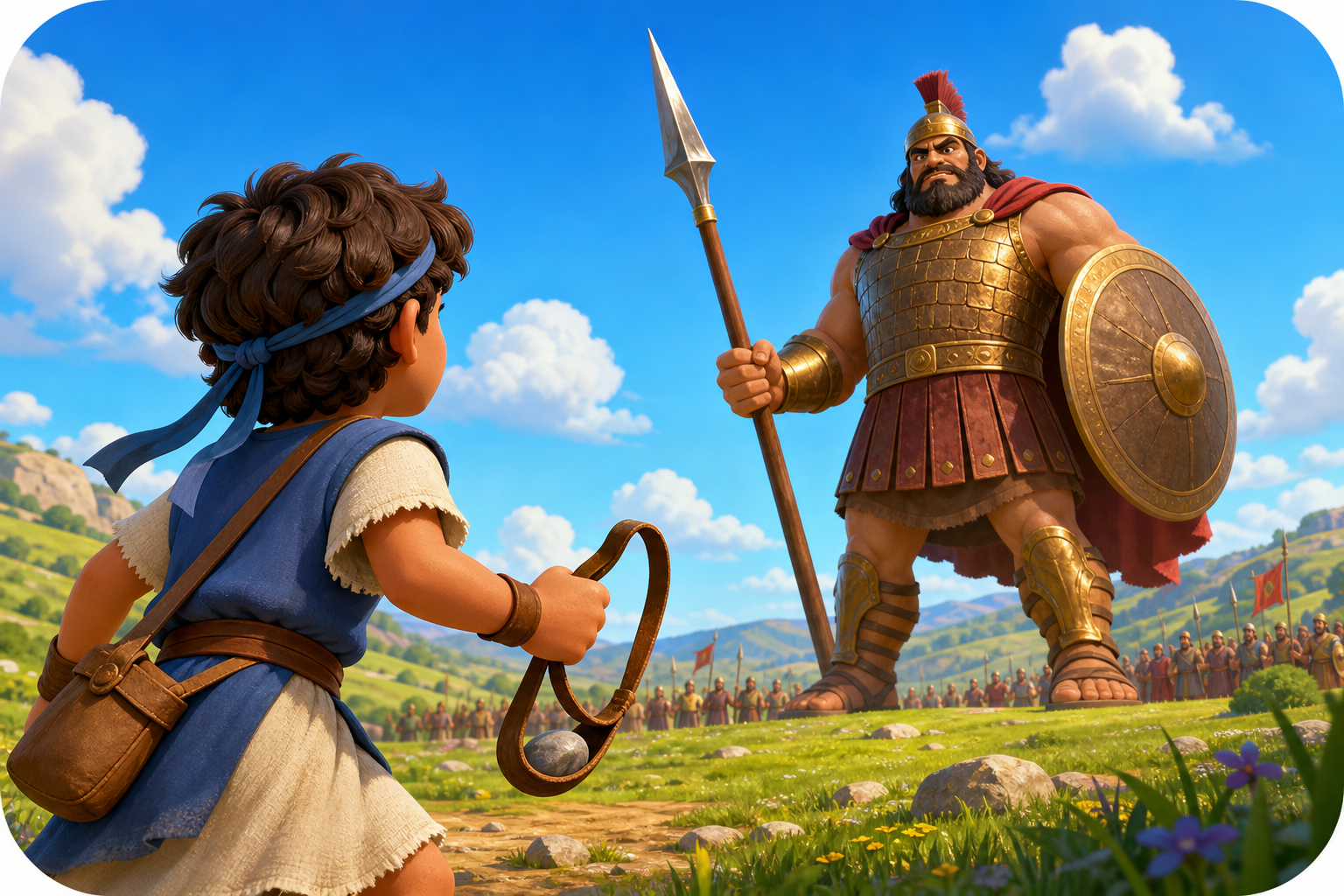 Video thumbnail showing David facing Goliath with a sling in a bright field