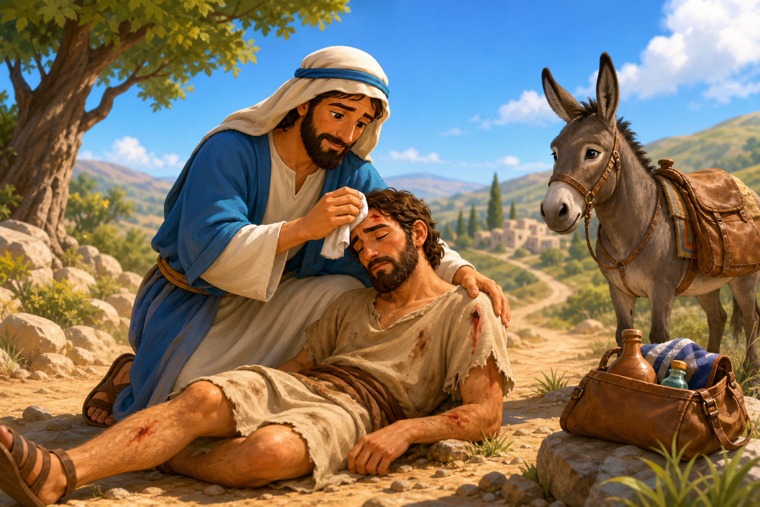 Video thumbnail showing the Good Samaritan helping an injured traveler on a road