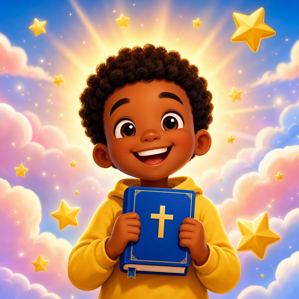 YouTube Short thumbnail with a smiling child holding a Bible, surrounded by stars and sunshine