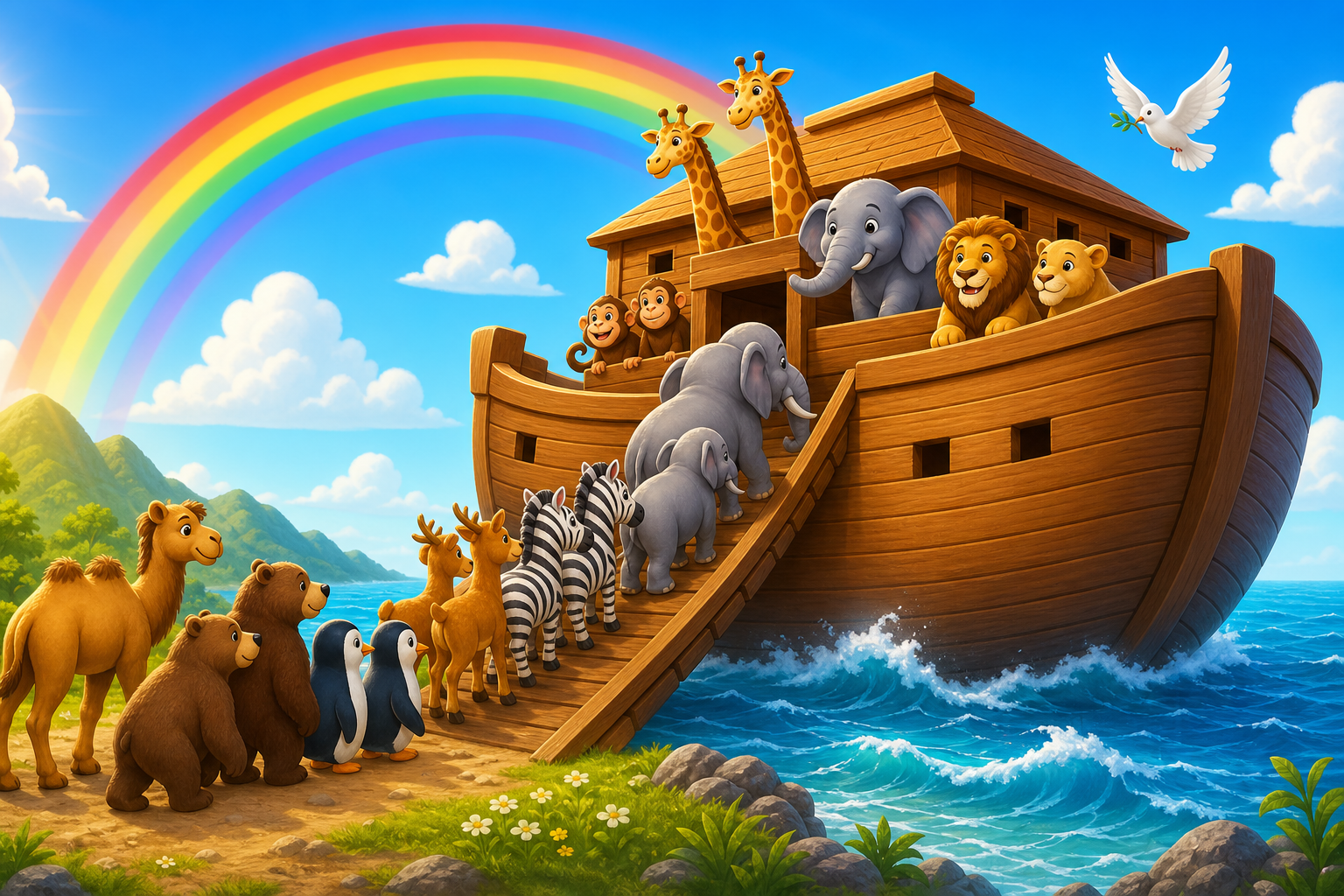 Video thumbnail of a colorful ark with animals boarding under a rainbow