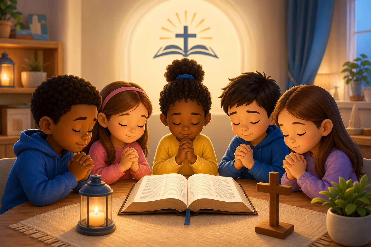 Video thumbnail of children praying in a cozy room with candles and open Bible