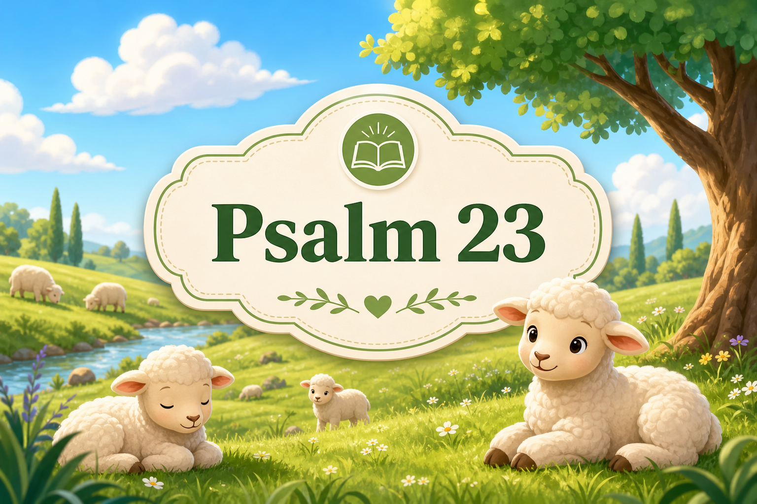 Video thumbnail with a peaceful meadow, sheep, and Psalm 23 verse card