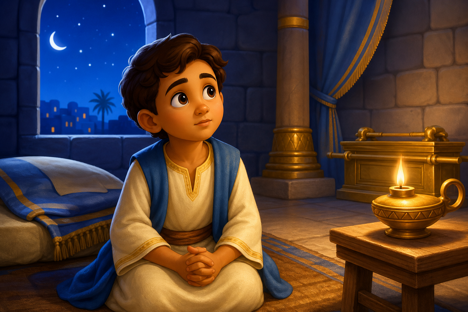 Video thumbnail showing young Samuel listening in the temple with warm glowing light